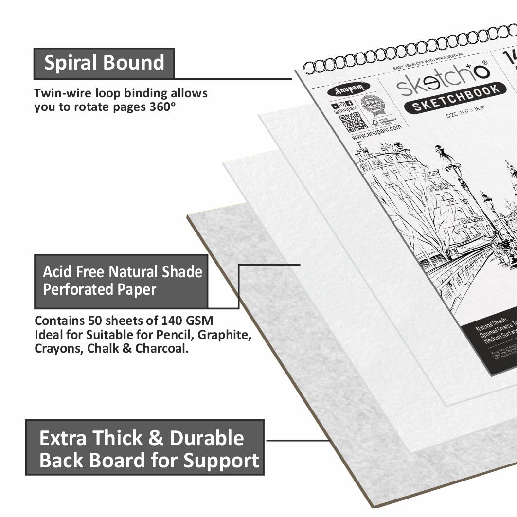 Anupam Sketcho Sketch Book | A4 | Spiral | 140gsm | 50 Sheets, 100 Pages