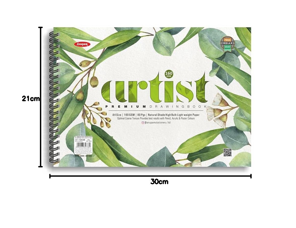 Anupam Artist Premium Drawing Book | A4 | Cartridge Paper 160GSM | Spiral-Bound