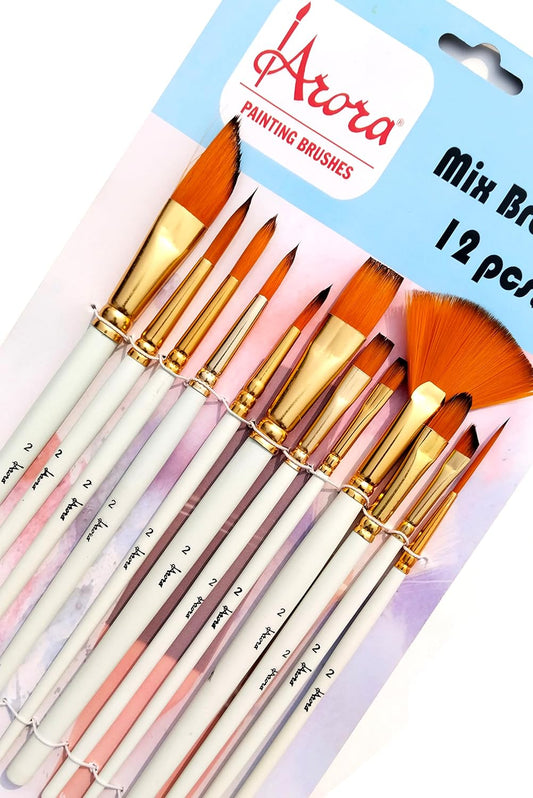 Arora Golden Synthetic Hair (Taklon) Mix Paint Brush Set | Pack of 12