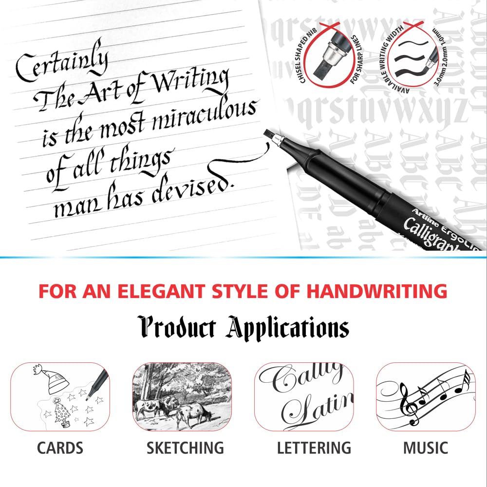 Artline Ergoline Calligraphy Pen Set with 3 Nib Sizes | Pack of 3 (Black)