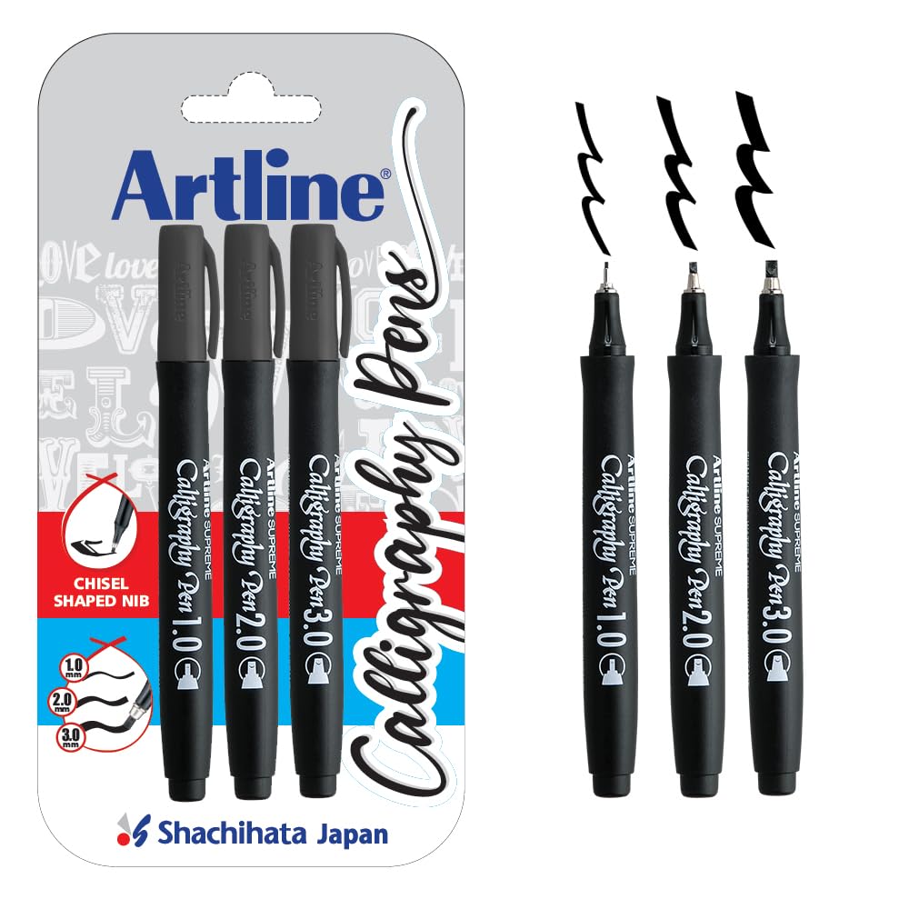 Artline Ergoline Calligraphy Pen Set with 3 Nib Sizes | Pack of 3 (Black)