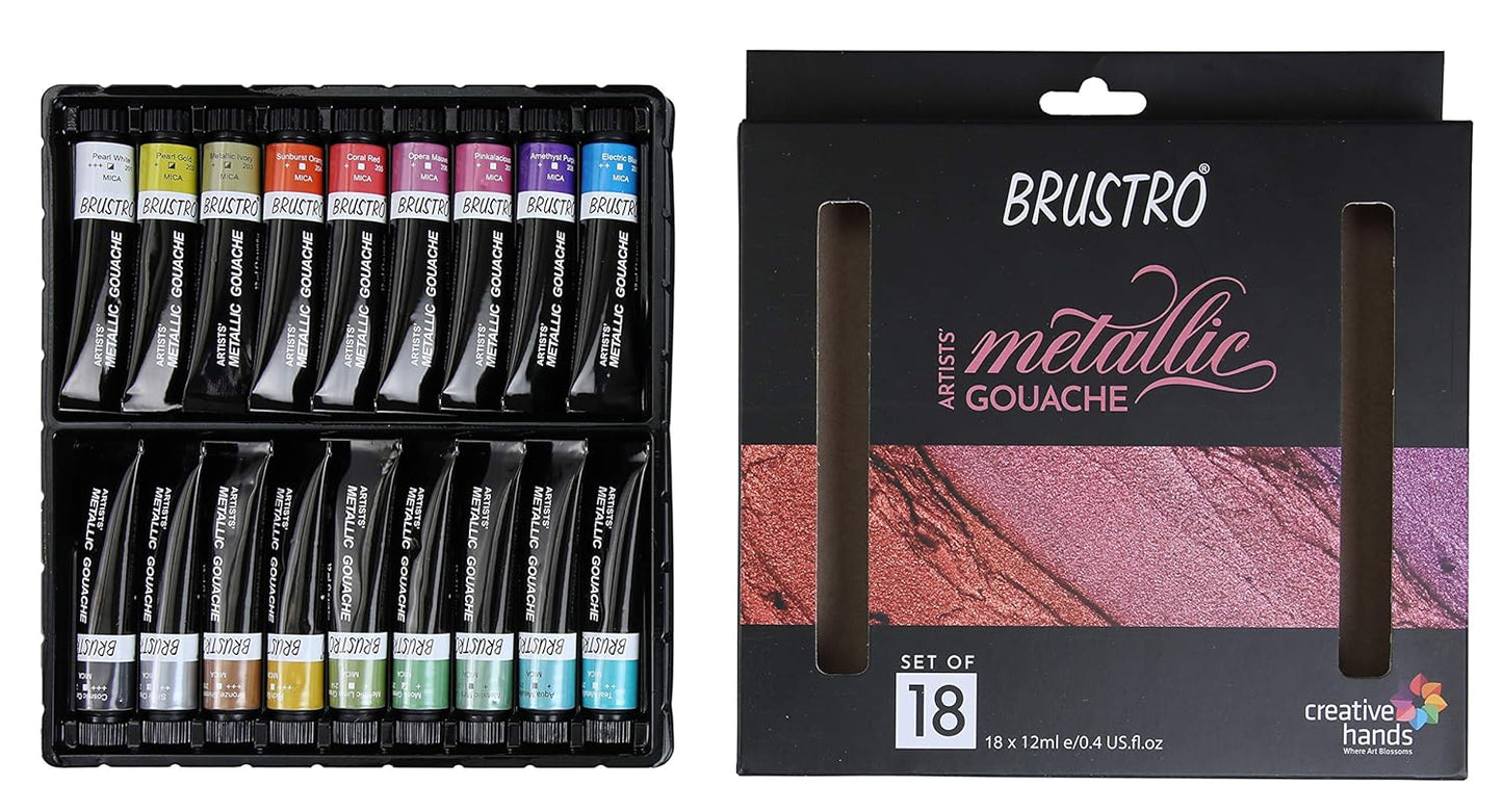 BRUSTRO Artists Metallic Gouache Paint | Set of 18 Shades | 12ml