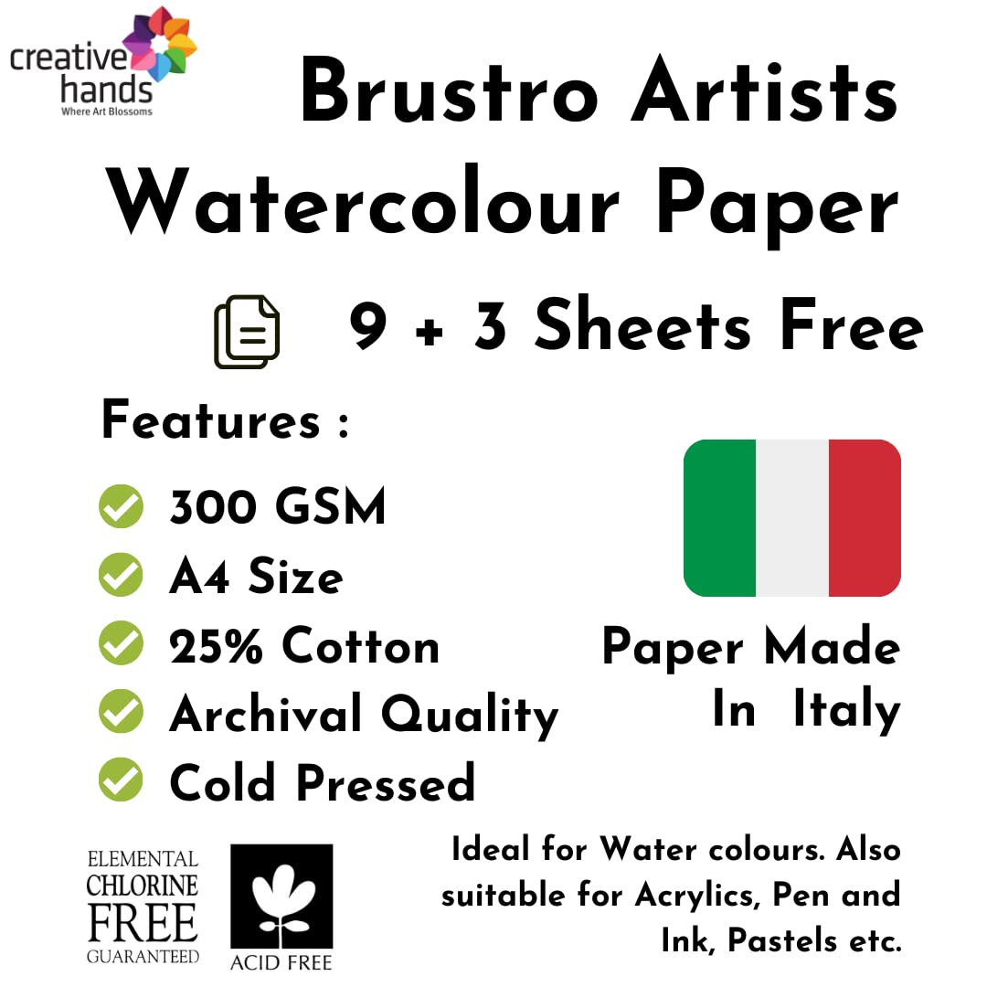 BRUSTRO Artists Watercolour Paper | 300 GSM, A4, 25% Cotton, Cold Pressed | Pack of 12 Sheets