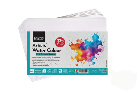 BRUSTRO Artists Watercolour Paper | 300 GSM, A4, 25% Cotton, Cold Pressed | Pack of 12 Sheets