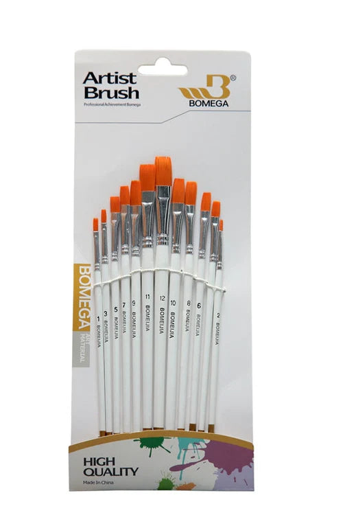 Bomeijia Flat Tip Brush Set | Nylon Hair | Pack of 12