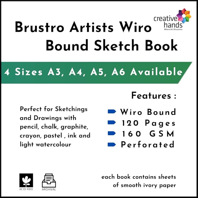 BRUSTRO Artists Wiro Bound Sketch Book | 120 Pages, 160 GSM | Size: A3, A4, A5, A6