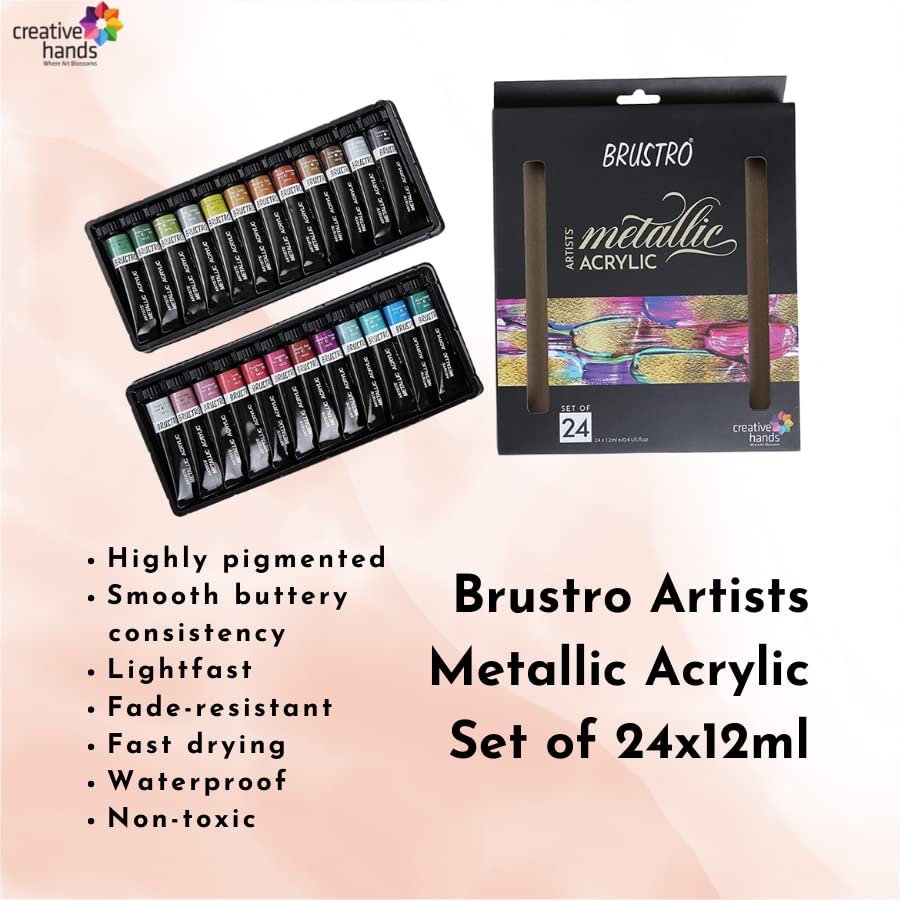 BRUSTRO Artists Metallic Acrylic Paint | Set of 24 | 12ml