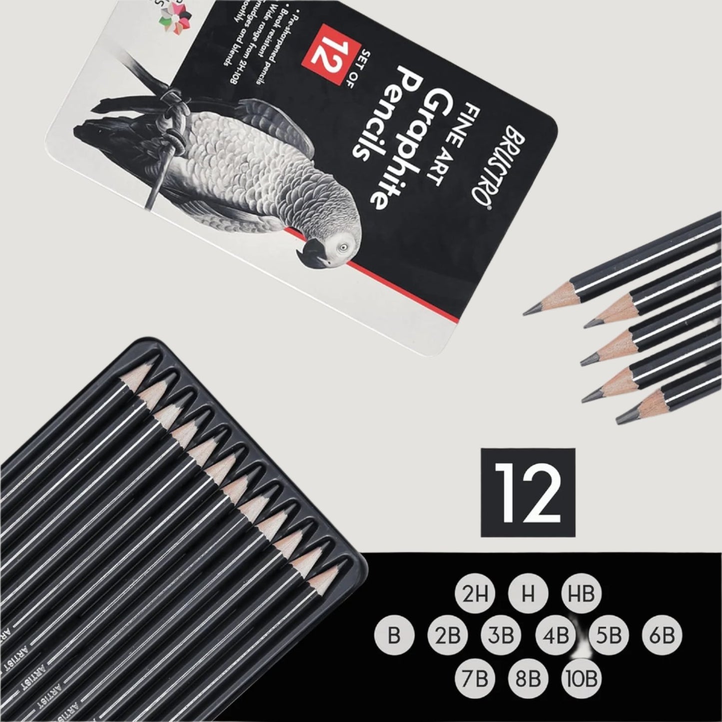 Brustro Artists Fineart Graphite Pencil Set of 12 (10B-2H) with Elegant Tin Box