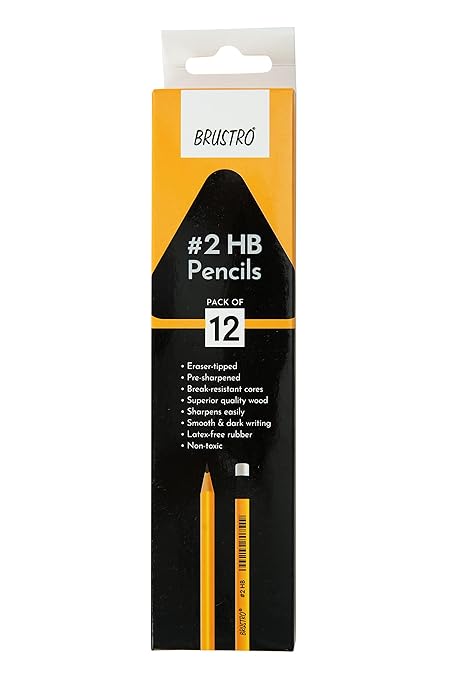BRUSTRO 2HB Pencils | Pack of 12 | Strong Grip, Extra Dark with Eraser Tip