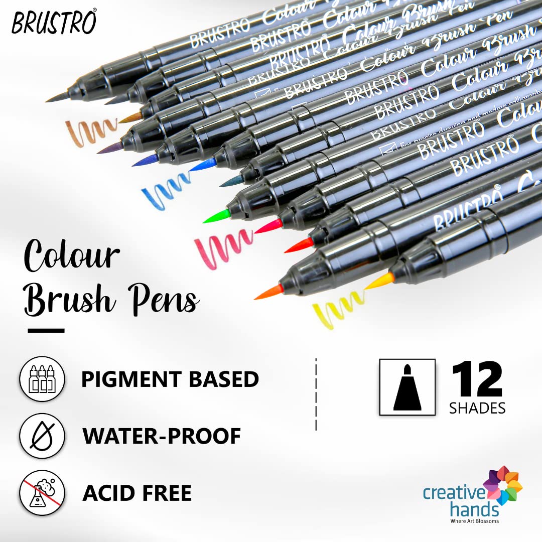BRUSTRO Colour Brush Pens Set | 12 Shades | Pigment Based | Hard tip Brush Pen