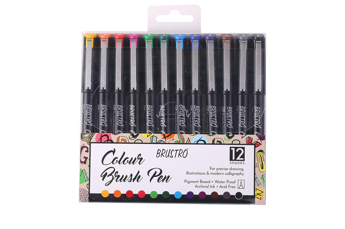 BRUSTRO Colour Brush Pens Set | 12 Shades | Pigment Based | Hard tip Brush Pen