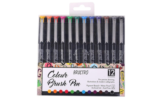 BRUSTRO Colour Brush Pens Set | 12 Shades | Pigment Based | Hard tip Brush Pen