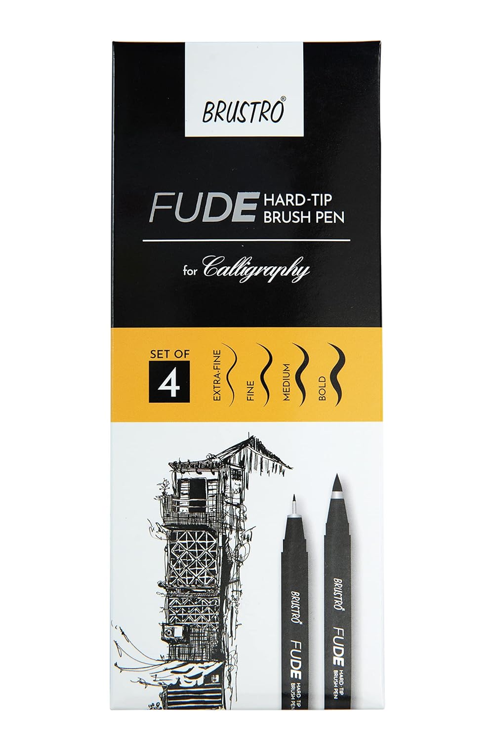 Brustro Fude Hard-tip Black Ink Calligraphy Brush Pen | Set of 4 (Extra-fine/Fine/Medium/Bold)