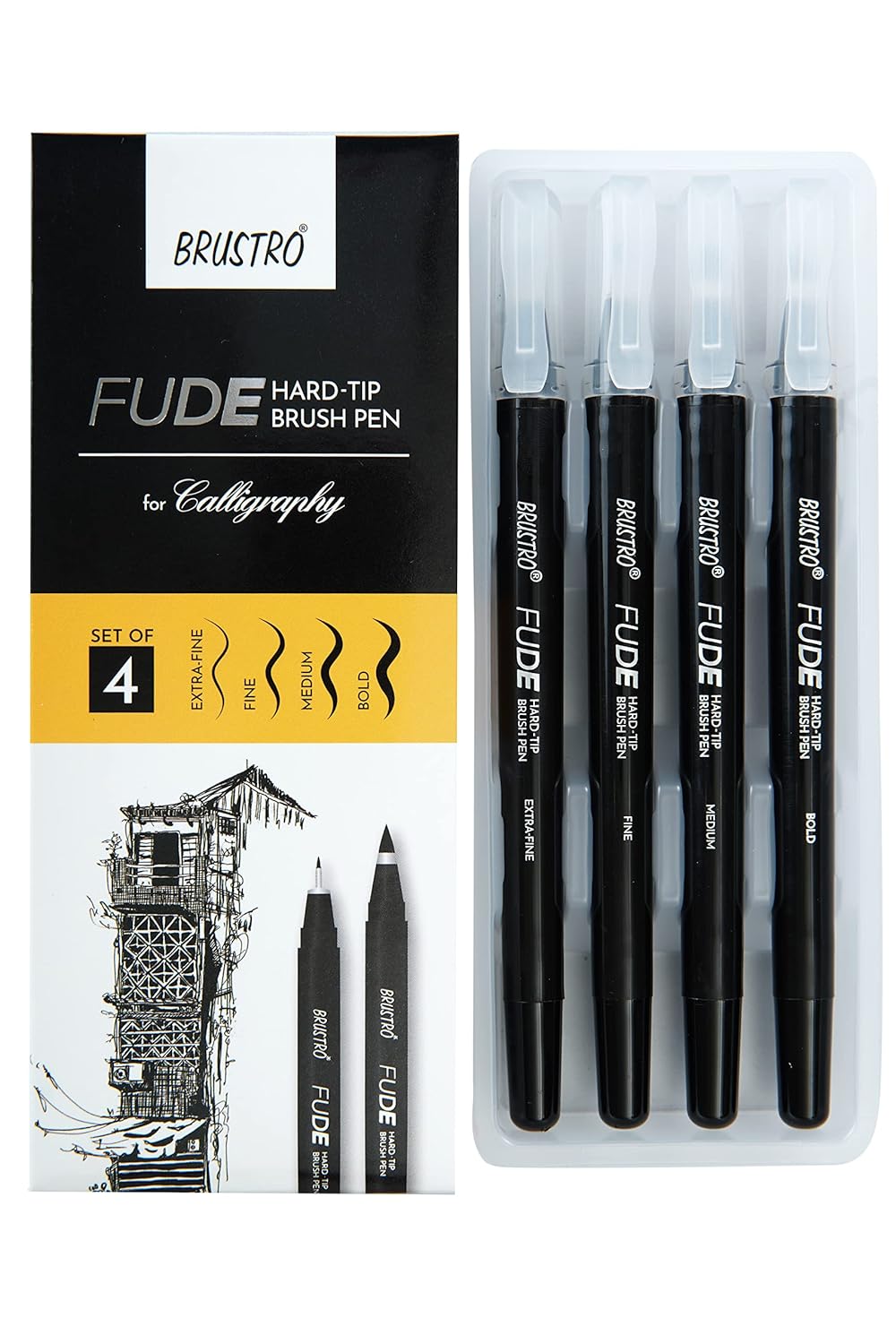 Brustro Fude Hard-tip Black Ink Calligraphy Brush Pen | Set of 4 (Extra-fine/Fine/Medium/Bold)