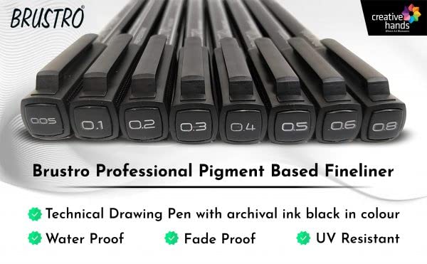 BRUSTRO Professional Pigment Based Fineliner Pen |Black| Set of 8 |