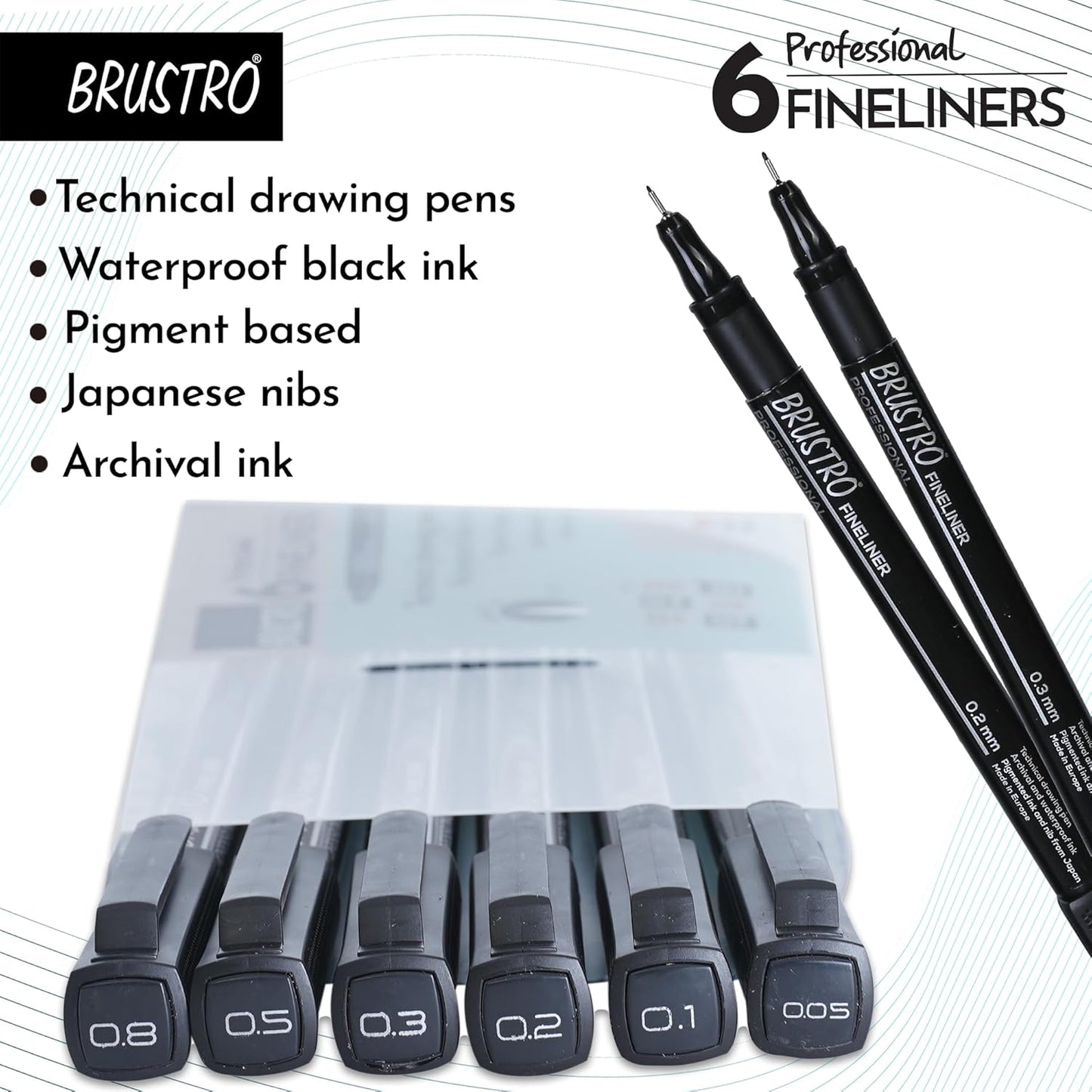 BRUSTRO Professional Pigment Based Fineliner Pen | Black | Set of 6 |