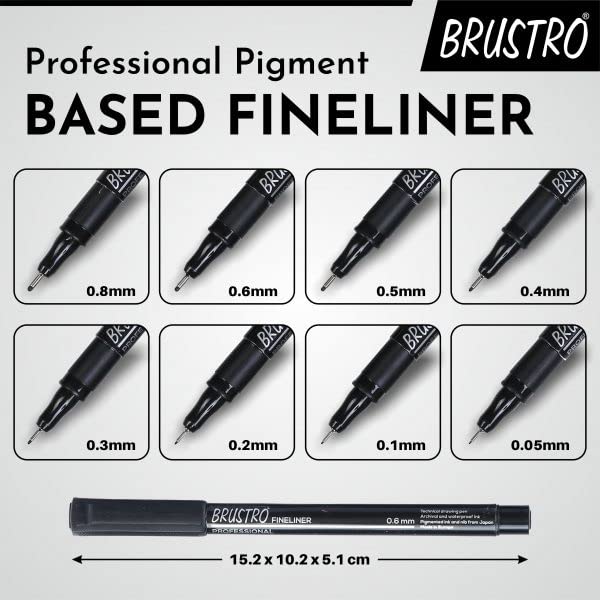 BRUSTRO Professional Pigment Based Fineliner Pen |Black| Set of 8 |