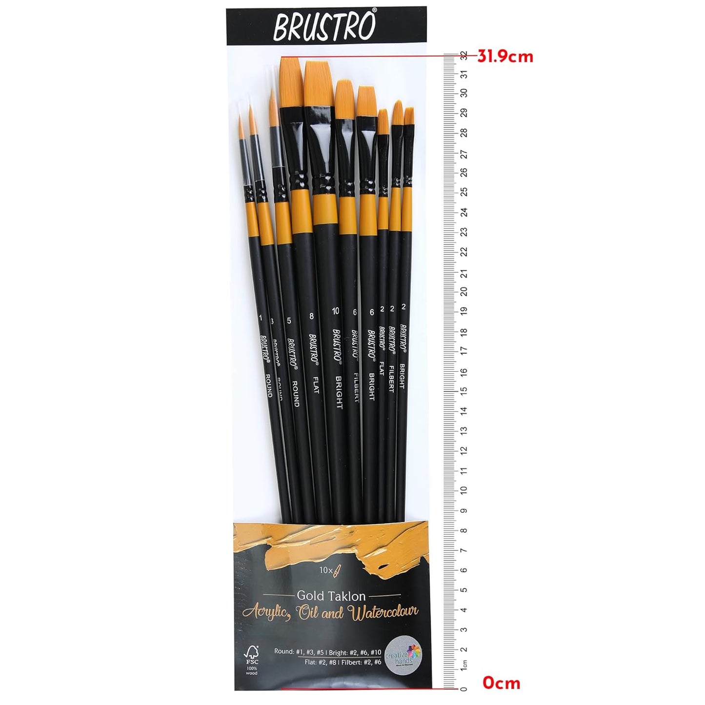BRUSTRO Artist Gold Taklon Brush Set | Set of 10 Brushes | Long Handle