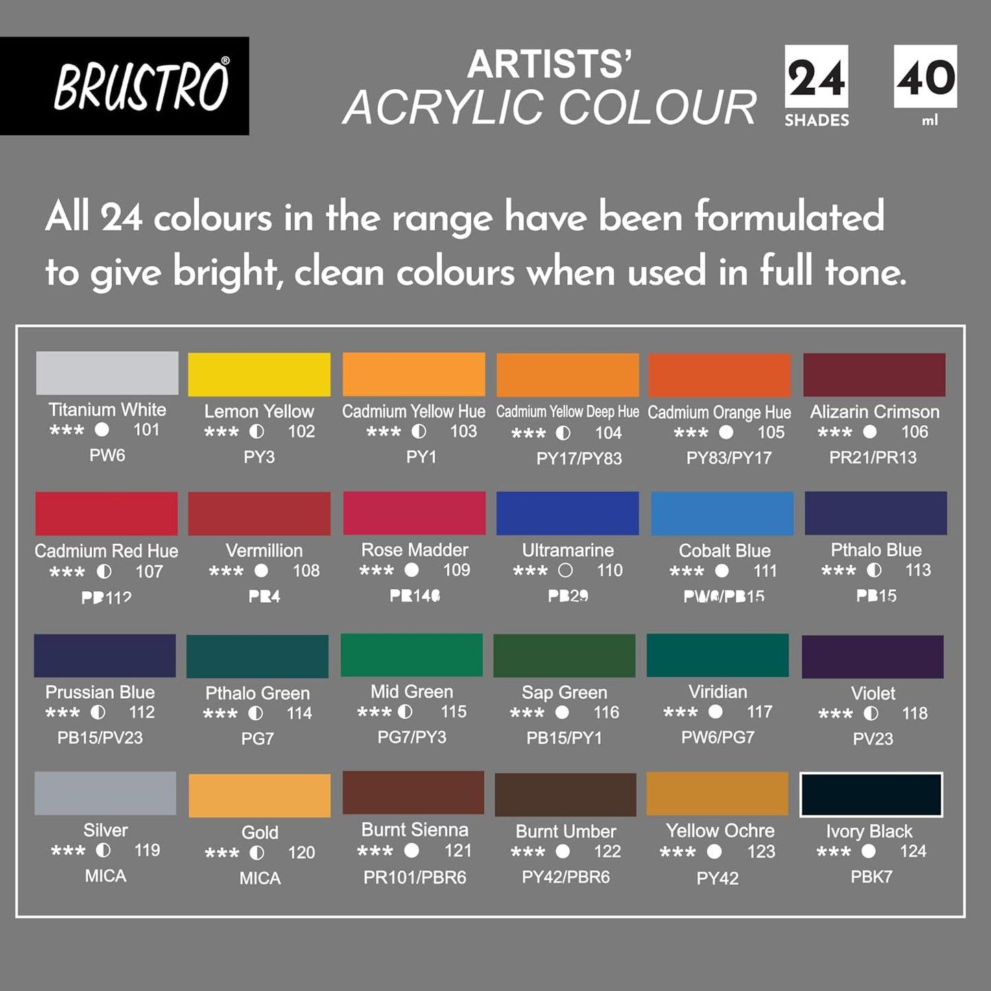 BRUSTRO Artists Acrylic Colour | Set of 24 | 40ml Tubes