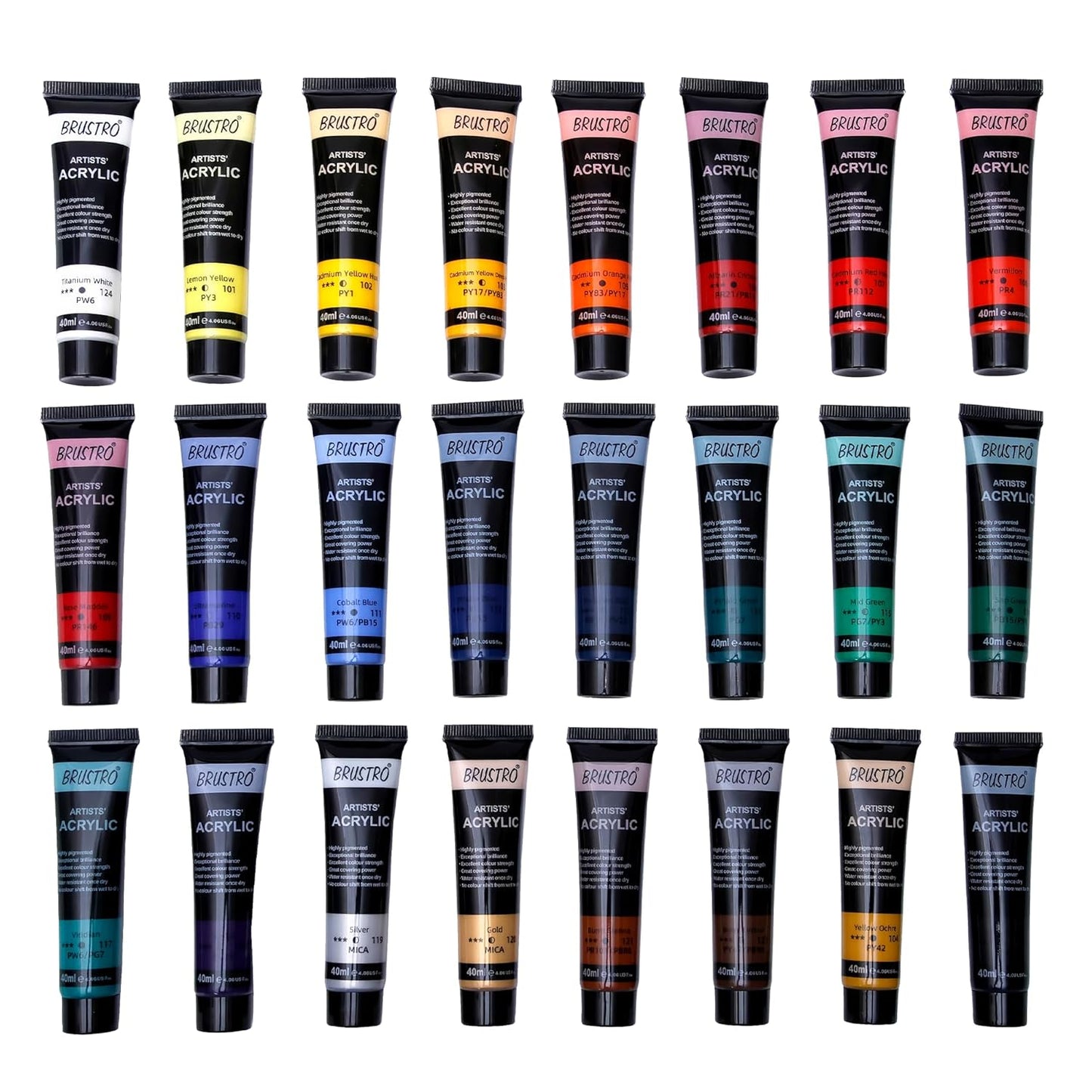 BRUSTRO Artists Acrylic Colour | Set of 24 | 40ml Tubes
