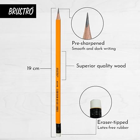 BRUSTRO 2HB Pencils | Pack of 12 | Strong Grip, Extra Dark with Eraser Tip