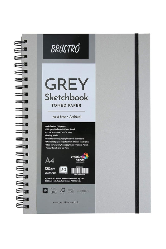 BRUSTRO Toned Paper - Grey Sketchbook | A4, 120 GSM | 60 Sheets,120 Pages | Spiral