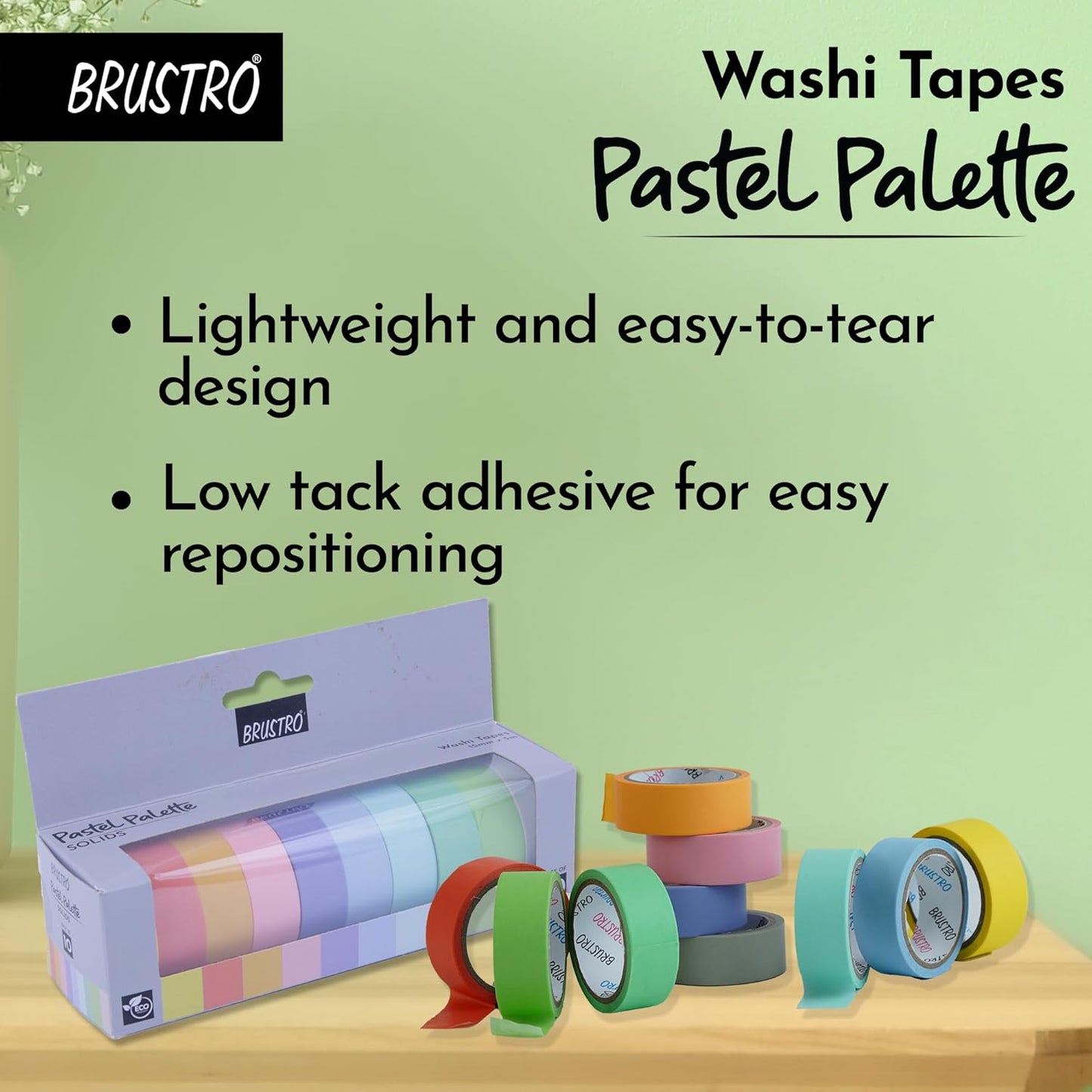 BRUSTRO Washi Masking Tapes | 15 mm X 5 mtrs | Set of 10 | Pastel Solid Shades