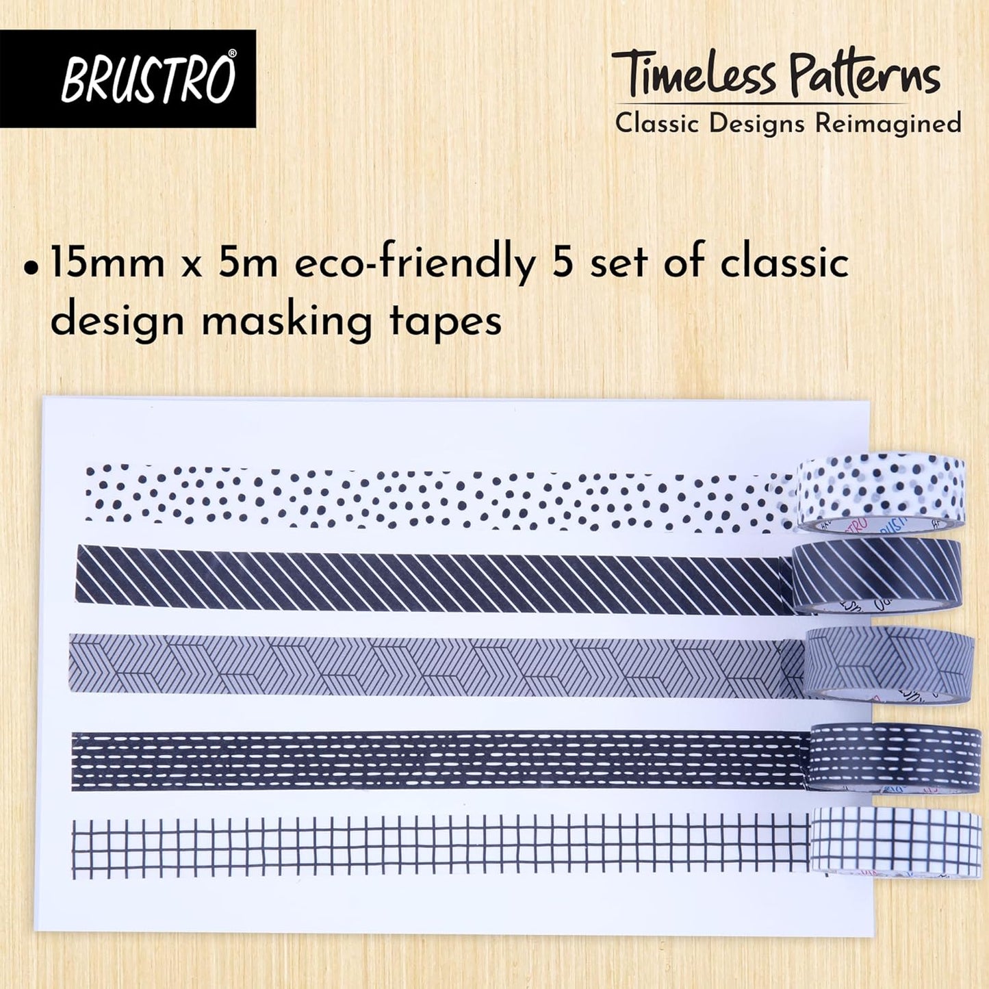 Brustro Timeless Patterns Washi Tapes | Set of 5 | 15 mm x 5 mtrs |