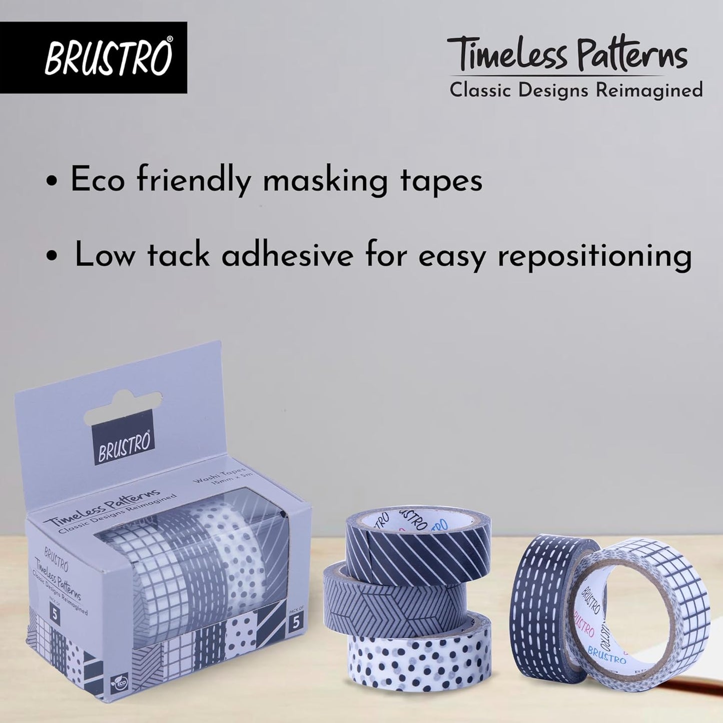 Brustro Timeless Patterns Washi Tapes | Set of 5 | 15 mm x 5 mtrs |