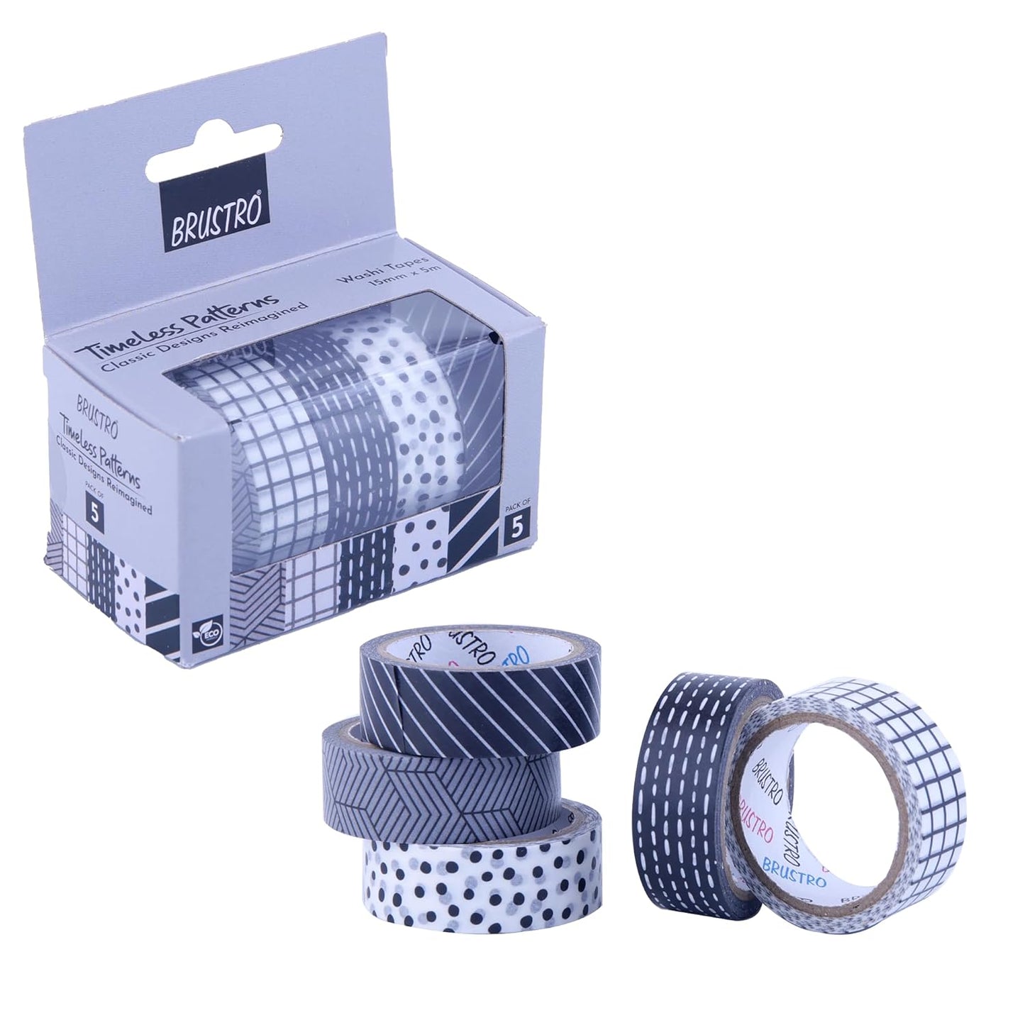 Brustro Timeless Patterns Washi Tapes | Set of 5 | 15 mm x 5 mtrs |