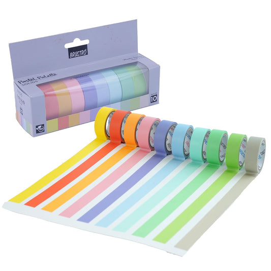 BRUSTRO Washi Masking Tapes  | 15 mm X 5 mtrs | Set of 10 | Pastel Solid Shades