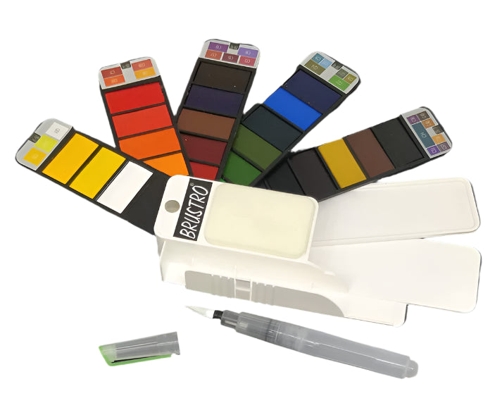 BRUSTRO Artists Watercolour Travel Pan | Set of 25 Colours | Foldable (Includes Mixing Palette)