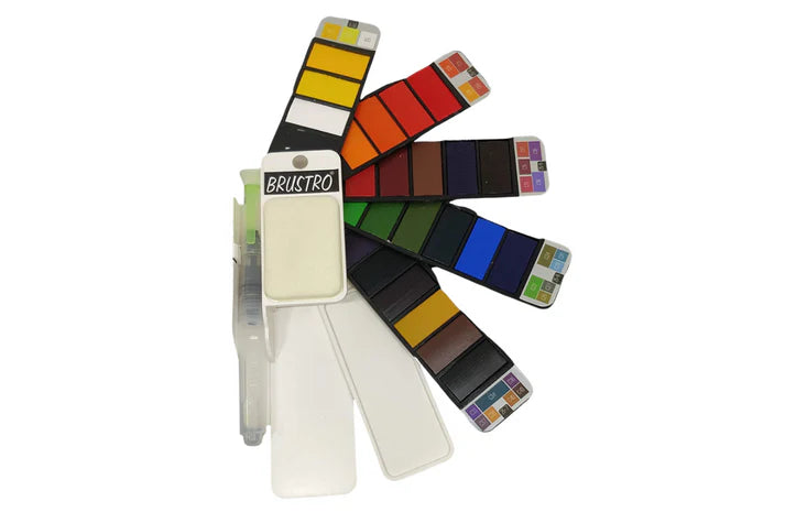 BRUSTRO Artists Watercolour Travel Pan | Set of 25 Colours | Foldable (Includes Mixing Palette)