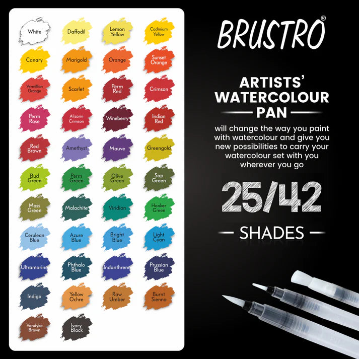 BRUSTRO Artists Watercolour Travel Pan | Set of 25 Colours | Foldable (Includes Mixing Palette)