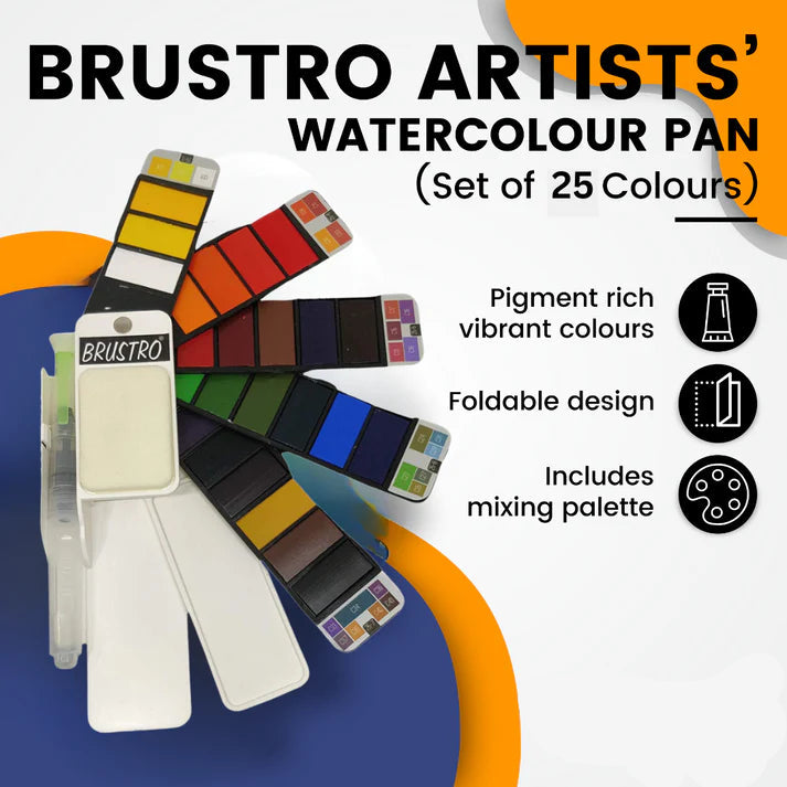 BRUSTRO Artists Watercolour Travel Pan | Set of 25 Colours | Foldable (Includes Mixing Palette)