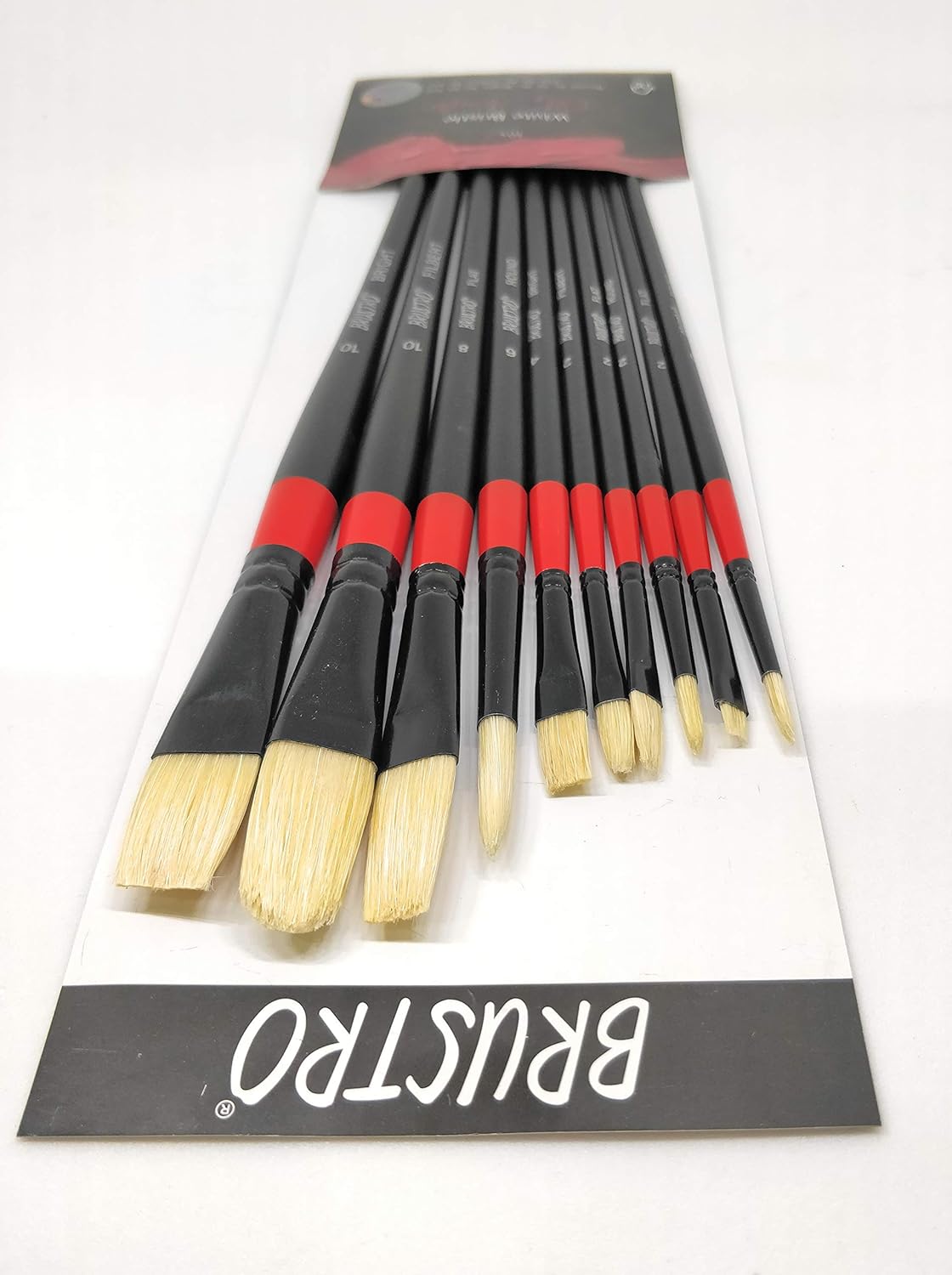 BRUSTRO Artist White Bristle Brush | Set of 10 Brushes | Long Handle