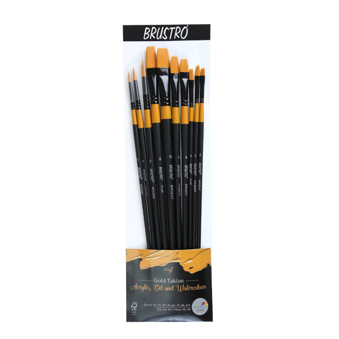 BRUSTRO Artist Gold Taklon Brush Set | Set of 10 Brushes | Long Handle
