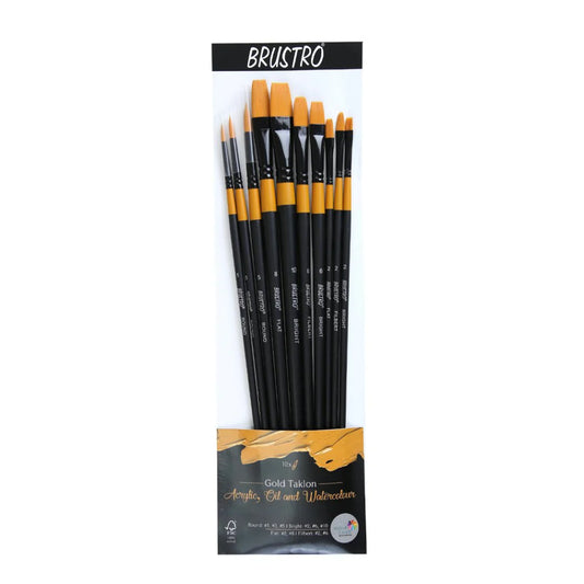 BRUSTRO Artist Gold Taklon Brush Set | Set of 10 Brushes | Long Handle