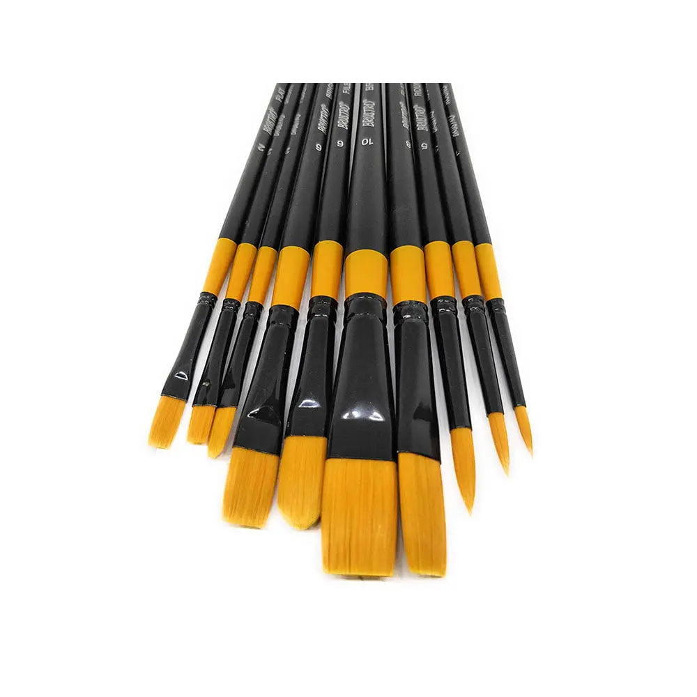 BRUSTRO Artist Gold Taklon Brush Set | Set of 10 Brushes | Long Handle