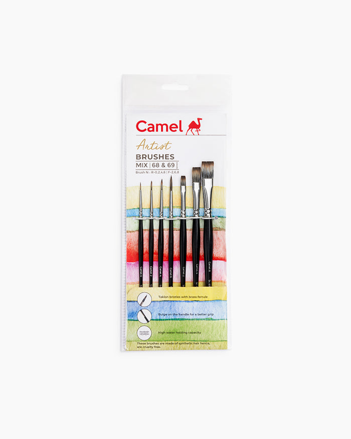 Camel Artists Flat & Round Brush Set | Pack of 7 Brushes | Round Series 68 & Flat- Series 69