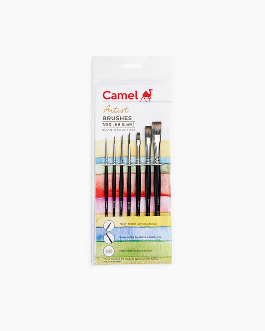 Camel Artists Flat & Round Brush Set | Pack of 7 Brushes | Round Series 68 & Flat- Series 69