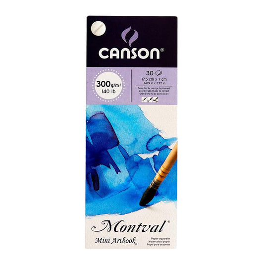 Canson Montval Watercolor 300 GSM Cold Pressed (17.5 x 7 cm) Mini Art Book with 1 Watercolor Brush (White, 30 Sheets)