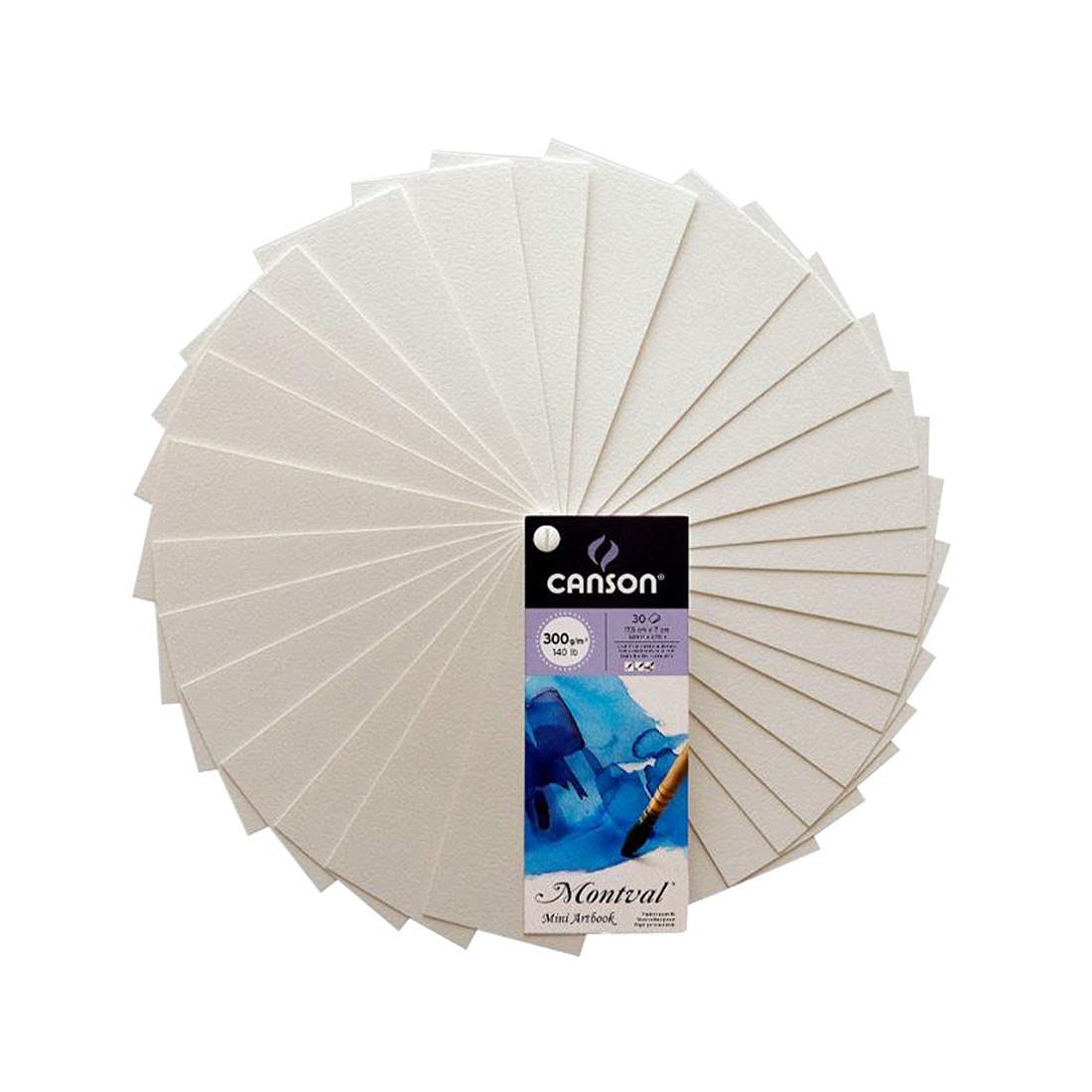 Canson Montval Watercolor 300 GSM Cold Pressed (17.5 x 7 cm) Mini Art Book with 1 Watercolor Brush (White, 30 Sheets)