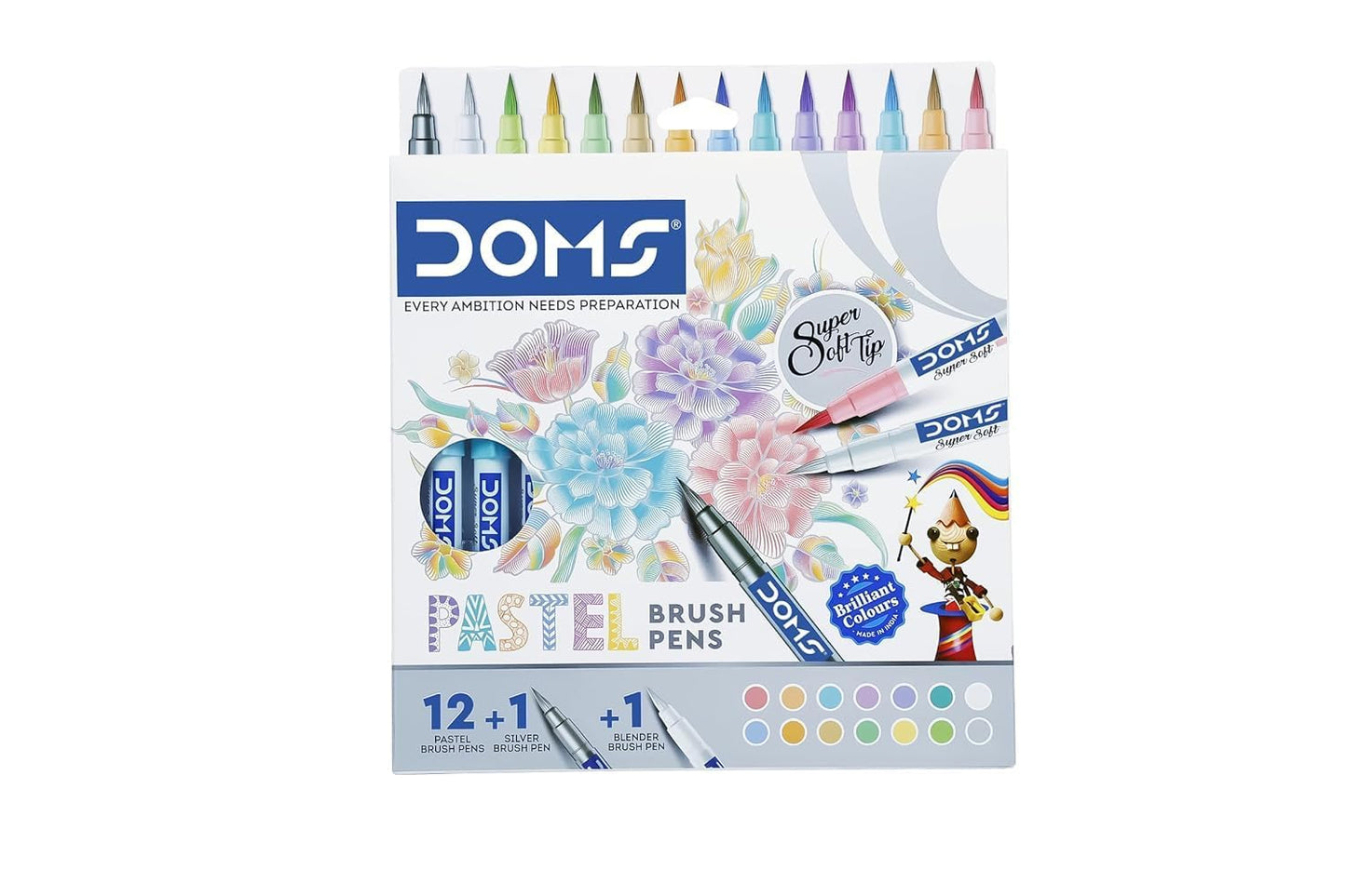 Doms Super Soft Tip Pastel Shades Brush Pen Set | 12 Pastel Shades + 1 Silver Shade + 1 Blender |