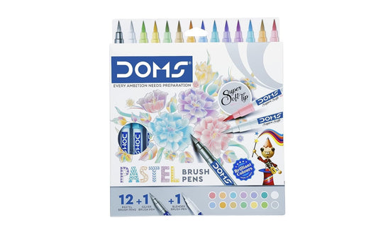 Doms Super Soft Tip Pastel Shades Brush Pen Set | 12 Pastel Shades + 1 Silver Shade + 1 Blender |