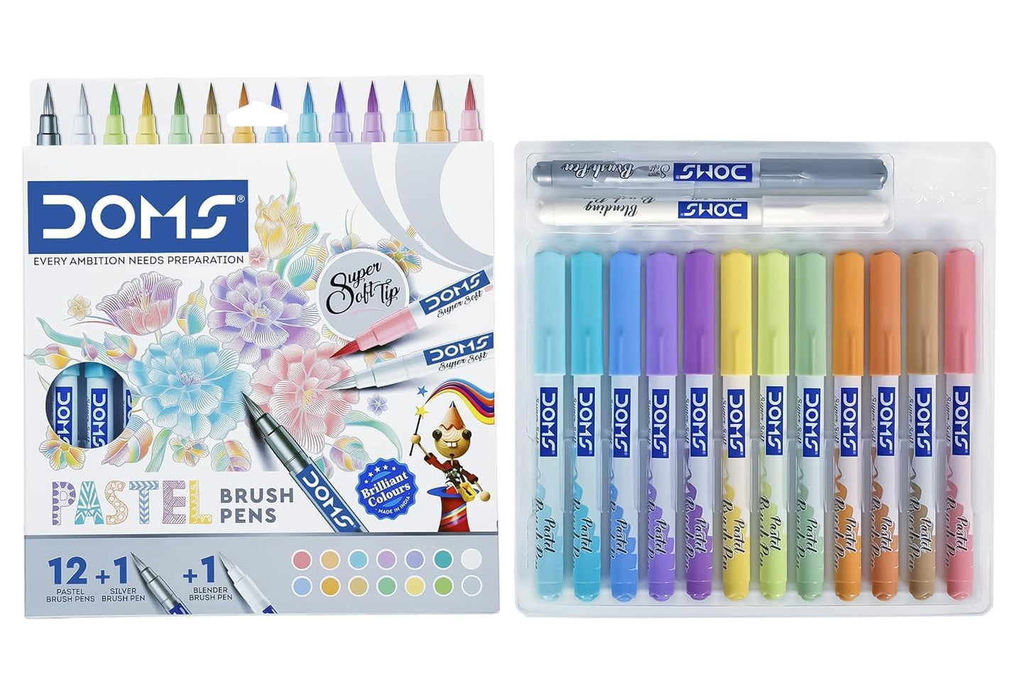 Doms Super Soft Tip Pastel Shades Brush Pen Set | 12 Pastel Shades + 1 Silver Shade + 1 Blender |