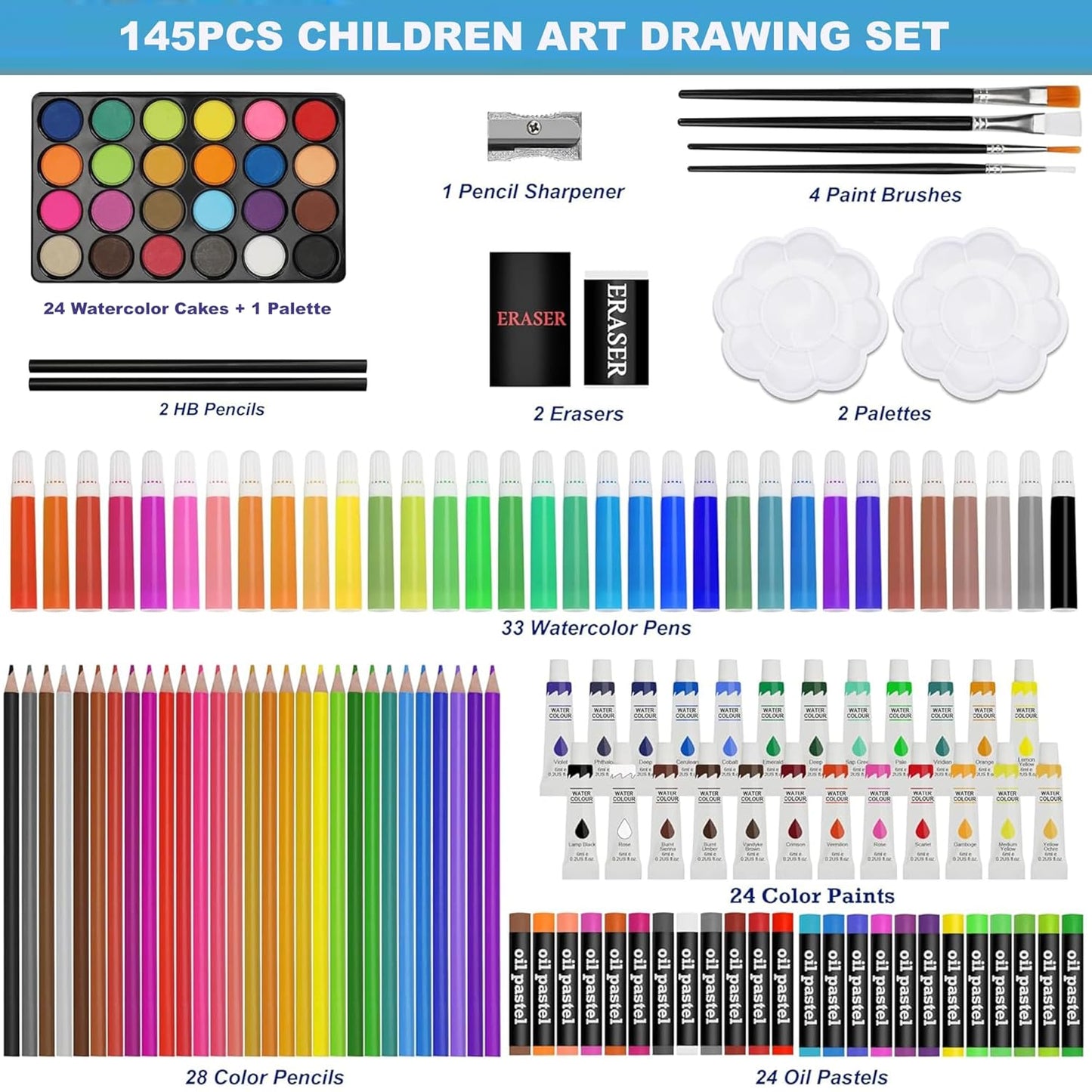 145 Pcs Dino Saur Design Children Deluxe Art Set | Drawing Set for Kids (Blue)