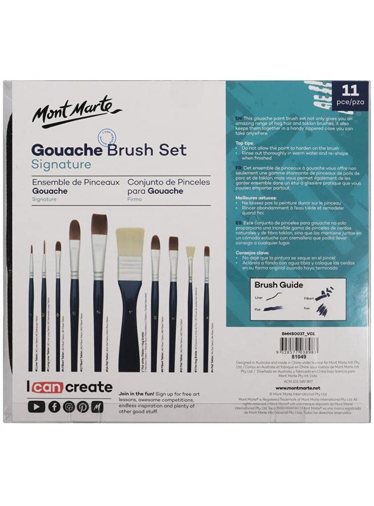 Mont Marte Signature Gouache Brush Set in Wallet | Pack of 11 Brushes