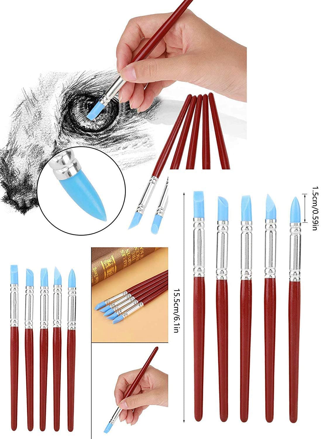 Rubber Tip Paint Brushes Set | Set of 5 | Sculpture, Pottery, Color Shaping, Blending, Modeling etc