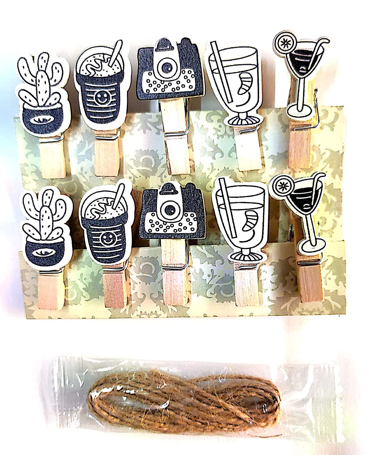 Wooden Frame Clips with Rope | Photoframe Hanging Clips (3.5 x 1.5 cm) | Set of 10